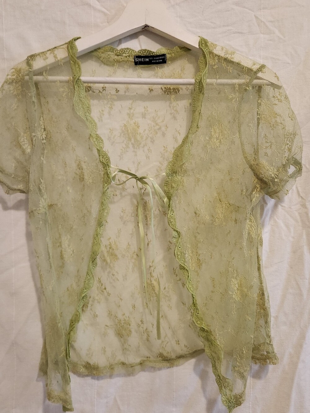 BOGO 3 For $15 Light Green Sheer Lace Tie-Front Short Sleeve Top